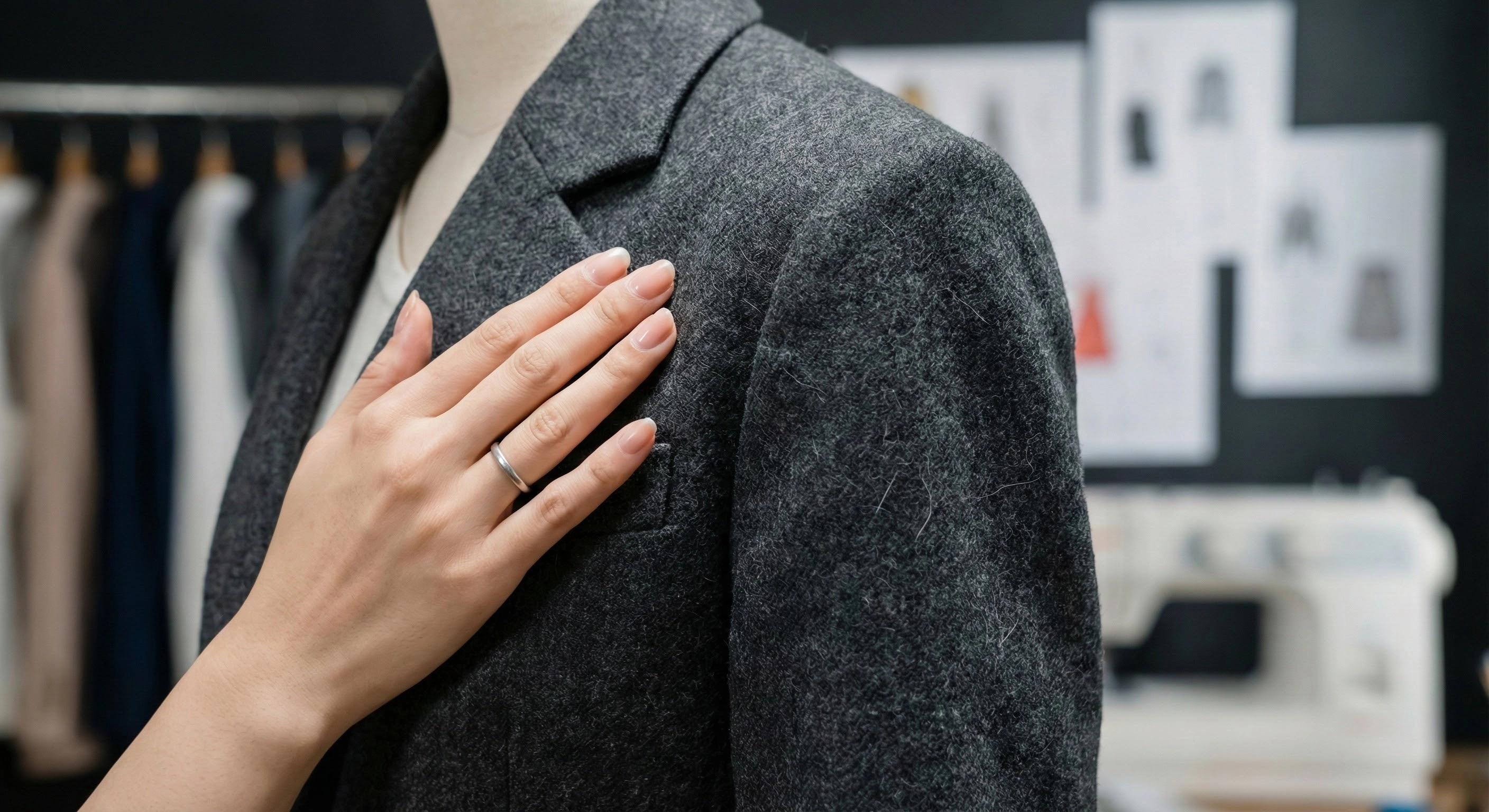 檢視西裝外套羊毛布料質感的職場女性