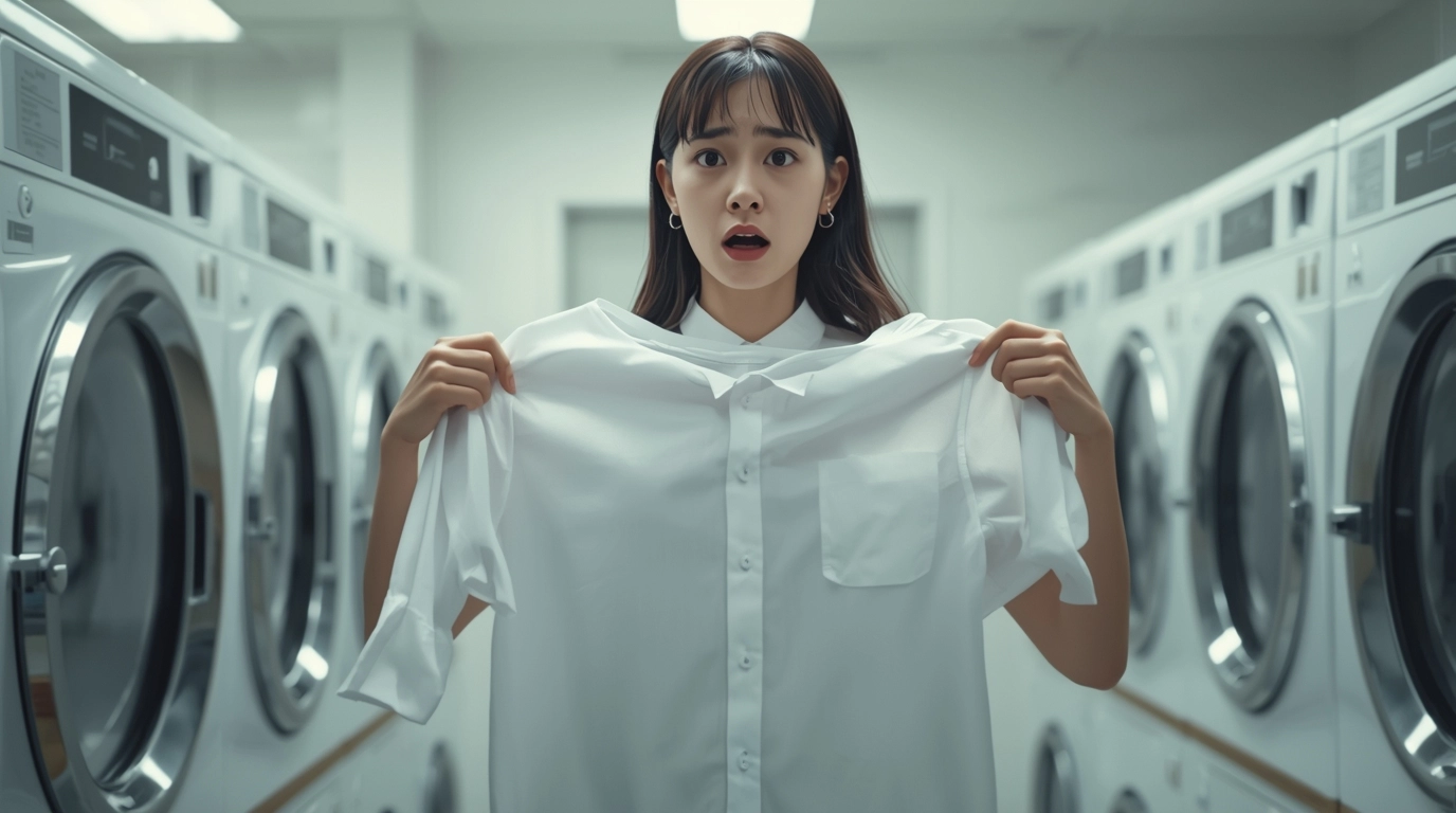 台灣女性驚訝拿著縮水的衣服	一位年輕台灣女性在洗衣間，拿著一件明顯變小、袖子變短的襯衫在身上比劃，表情驚訝且無奈。