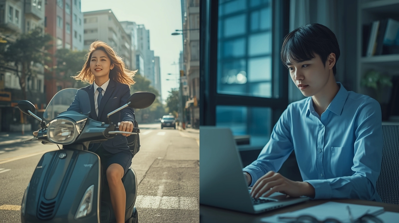 台灣外勤業務騎機車與內勤辦公室人員的制服穿著對比