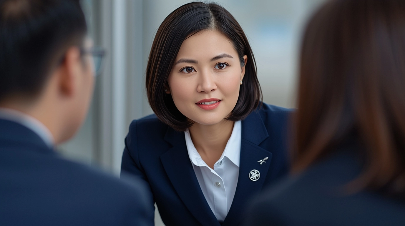 企業女性主管穿著深藍色制服西裝，在辦公室與同事專業會談，展現企業制服形象與品牌識別的專業精神。