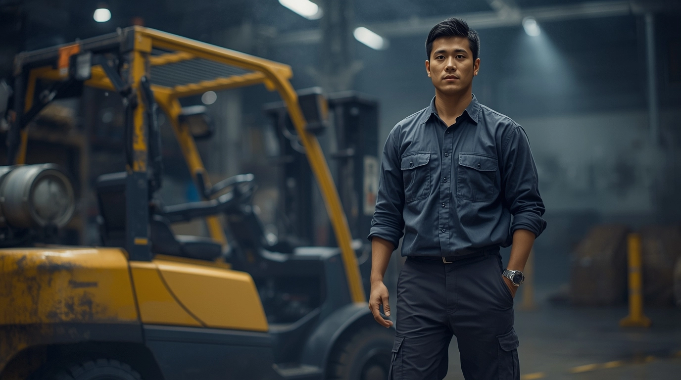 全身照:一位穿著深鐵灰色整套工裝制服的男性員工,站在堆高機旁。衣服上有微小的灰塵但不顯髒,看起來依然專業帥氣,沒有邋遢感。 耐髒深色系供銷部工裝制服