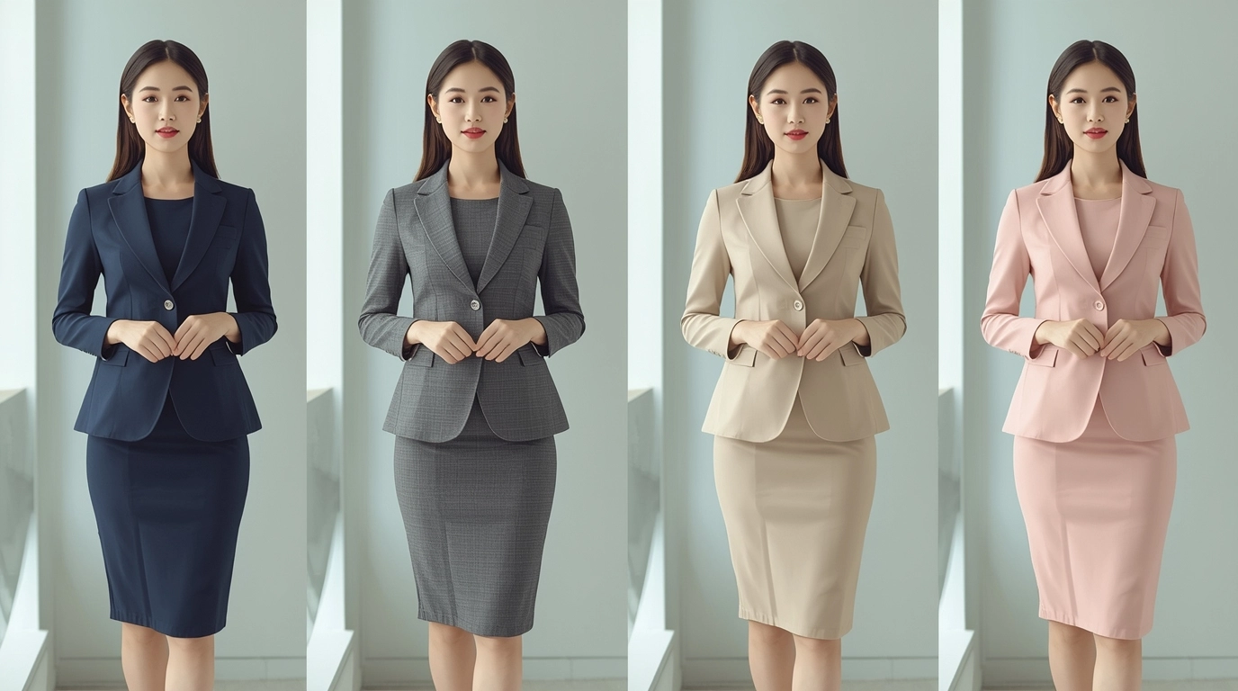 四位台灣女性穿著不同顏色的辦公室制服,包括海軍藍、灰色、米色與粉色,呈現制服顏色心理學對企業形象的影響。