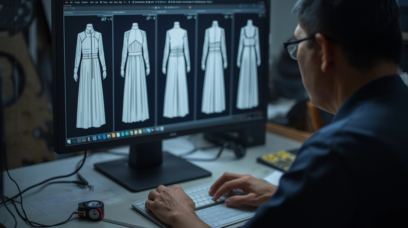 一位資深打版師(約50歲台灣男性)專注地在電腦螢幕前調整數位版型,螢幕上顯示著不同尺寸的疊圖,旁邊放著軟尺和剪刀。展現職人專業感。 專業制服打版師調整數位版型