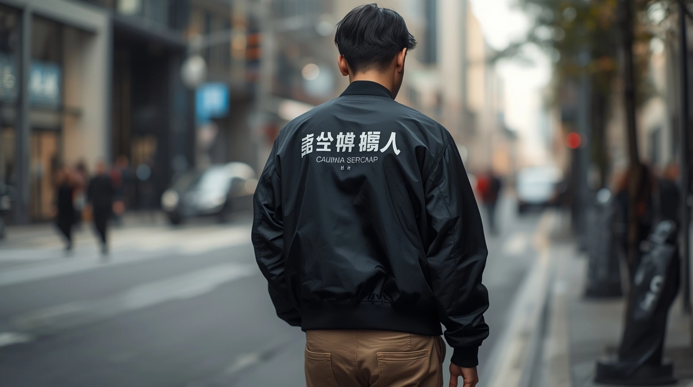 科技新創公司教練外套制服/一位男性員工穿著設計俐落的深黑色教練外套，背後有極簡的品牌標語設計，搭配卡其褲，背著名牌包走在街頭，看起來像潮流街拍。