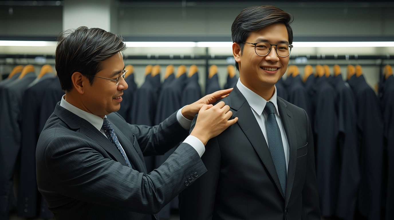 一位專業的台灣裁縫師或工作人員，拿著皮尺正在幫一位年輕男士量身，背景是整潔的制服展示間。	專業裁縫師為職場人士量身訂製制服