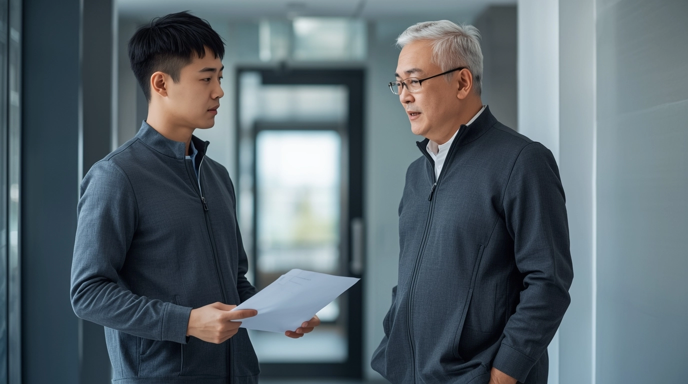 兩位農會男性職員在討論公事，一位較年輕，一位約 50 歲微胖。兩人都穿著同款制服外套，年長者的外套拉鍊拉上後依然平整，沒有緊繃感，顯示出良好的剪裁包容性。	適合不同身形的農會制服外套剪裁展示