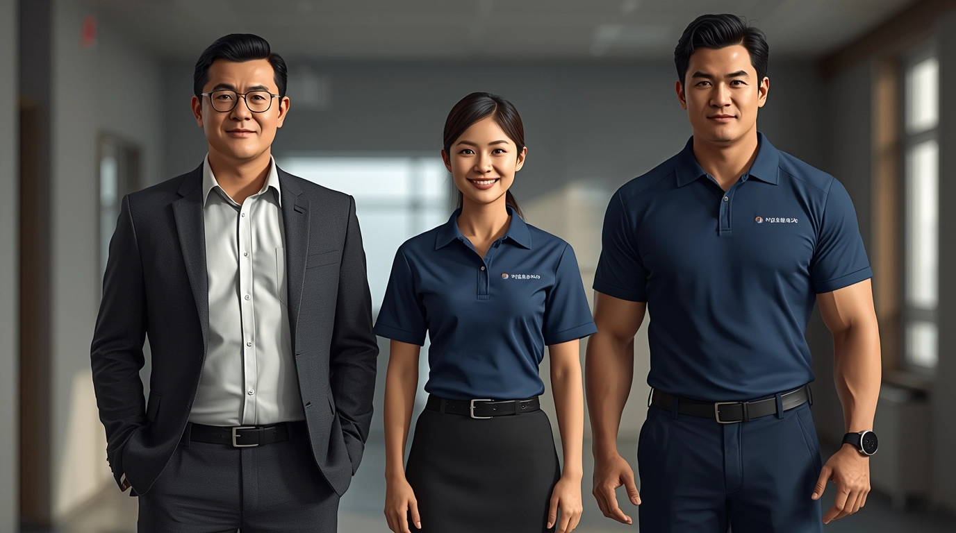 展示三個並排的 AI 模特兒,分別是一位微胖的中年男性主管、一位年輕女性業務、一位高壯的男性技術員,都穿著同一系列的制服,展現身材多樣性。 AI生成多元身材穿著制服效果圖