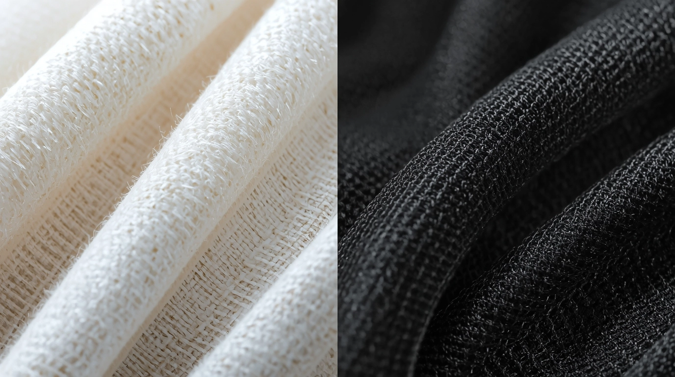 極致特寫鏡頭，展示布料的透氣網孔結構與質感。左半邊是棉質紋理，右半邊是機能布料紋理，強調細節。	高解析度制服布料紋理特寫對比