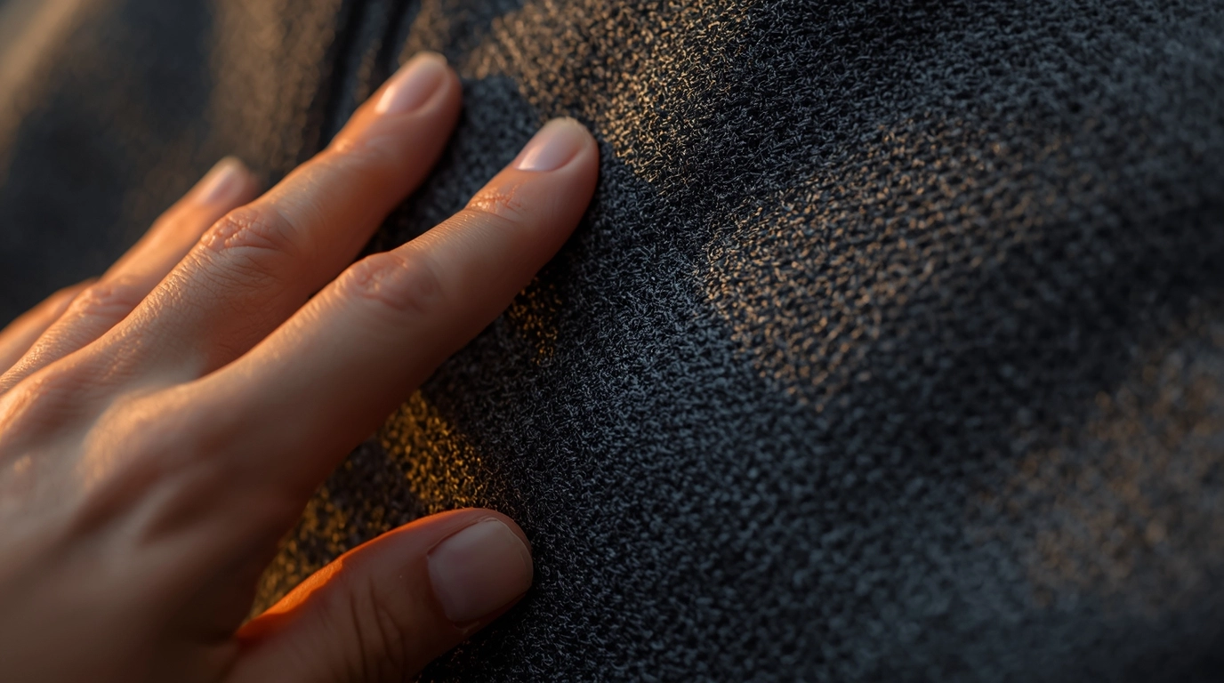 特寫鏡頭，展示制服外套的布料質感。一隻手輕輕觸摸外套表面，呈現出啞光、細緻的棉感紋理，暗示其柔軟與靜音特性，而非廉價塑膠感。	高質感靜音機能布料特寫