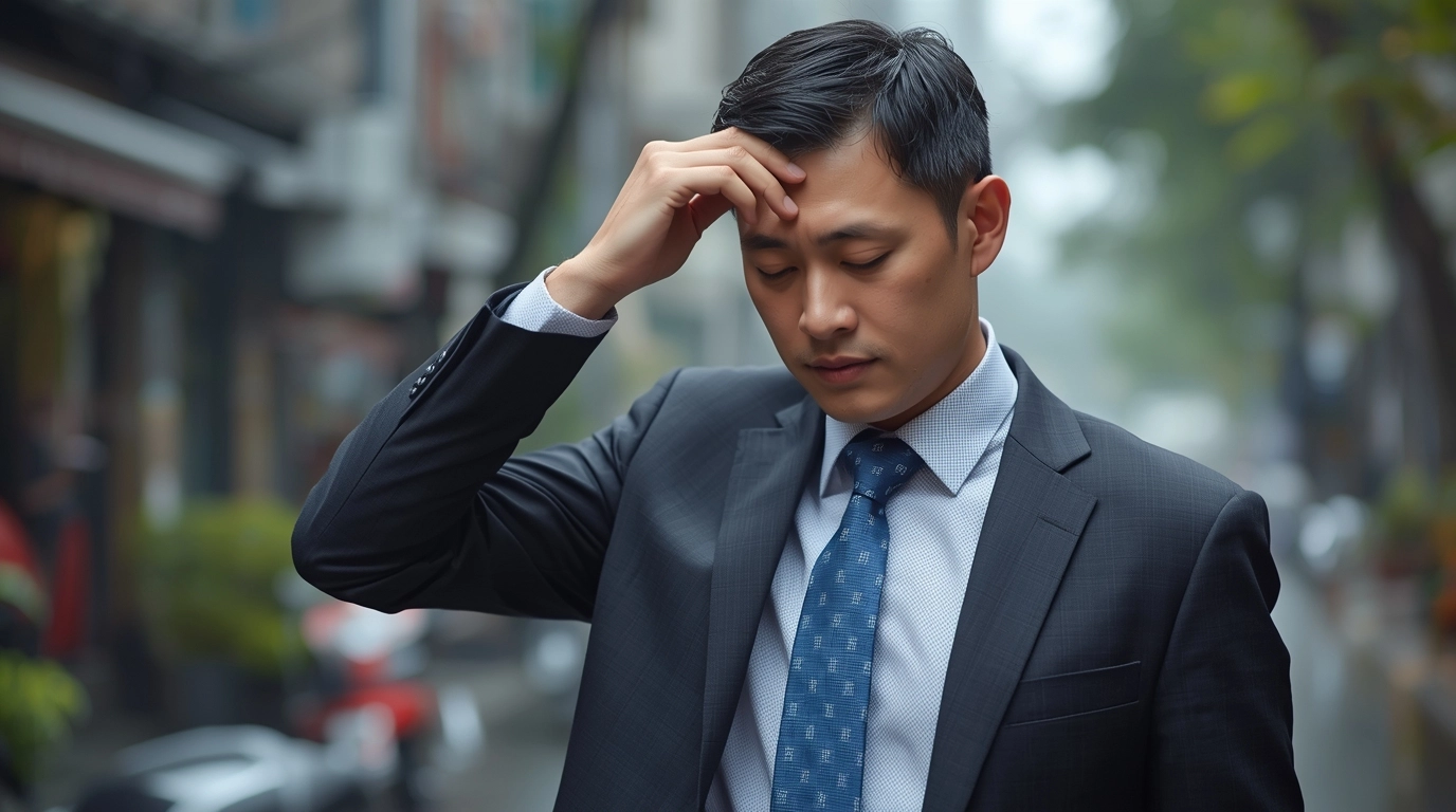 一位男性業務員在戶外(背景有模糊的台灣街道或機車),稍微擦汗,但他配戴的領帶看起來依然挺拔,沒有因為流汗而變形或黏在身上。 適合台灣夏天氣候的透氣制服領帶