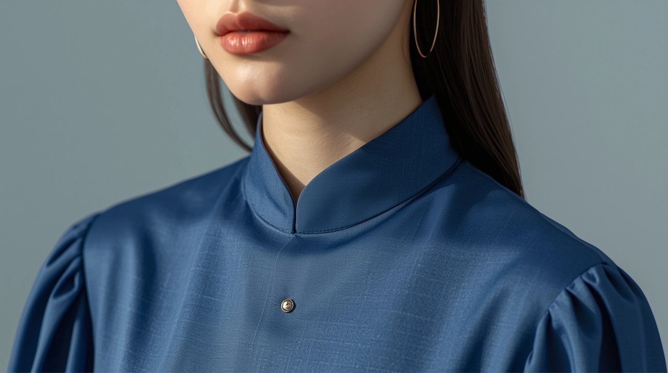 展示莫蘭迪色系的布料與設計質感 近距離特寫一位女性穿著莫蘭迪色調(如霧霾藍或卡其色)的制服上衣,質感高級,畫面柔和,與傳統鮮豔制服形成對比。