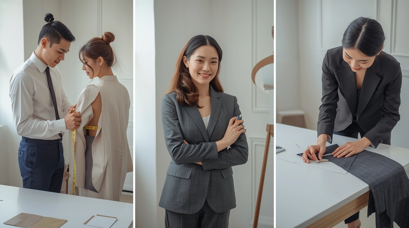公司制服套裝試穿量身流程:肩線、腰省與褲裙長度調整|款式校正|源洋