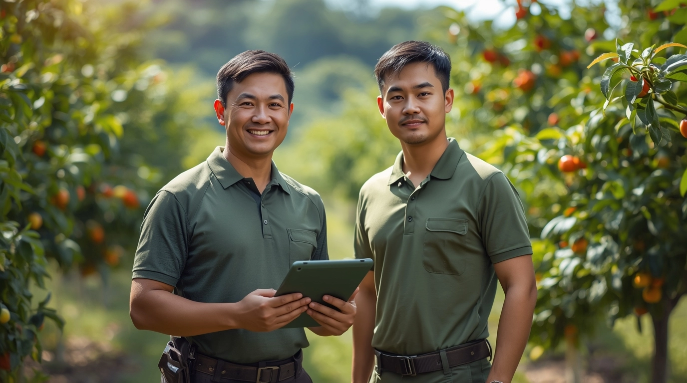 兩位穿著綠色機能 Polo 衫的男性同仁在陽光下討論農作物，背景是綠色的果園。	農會外勤透氣 Polo 衫機能布料