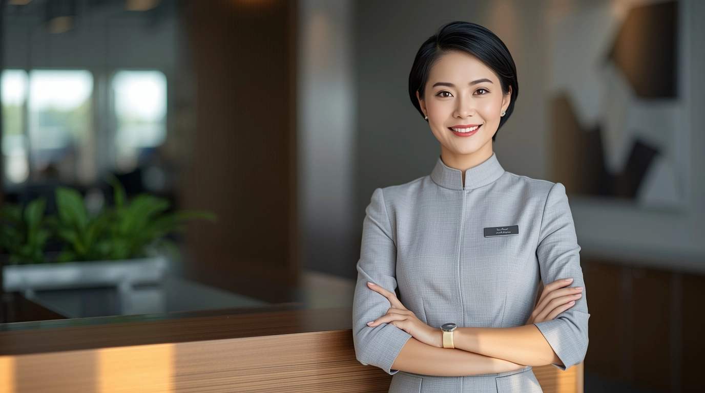 女性員工穿著洋裝制服站立接待櫃檯