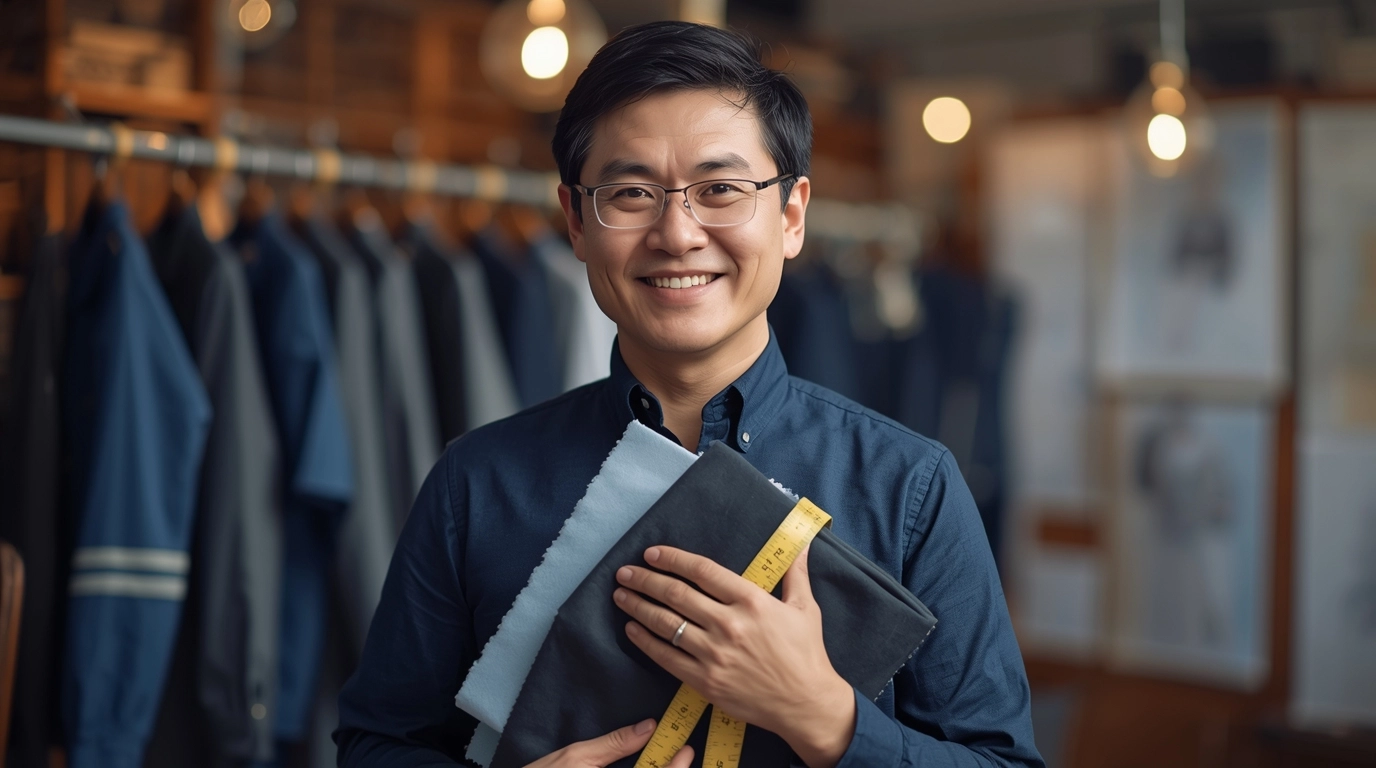 一位親切的制服產品經理(或是資深裁縫師形象),手裡拿著布料樣本和皮尺,微笑著看著鏡頭,背景是掛滿樣衣的工作室,傳遞專業與信任感。 專業制服經理手持布料樣本,提供諮詢服務