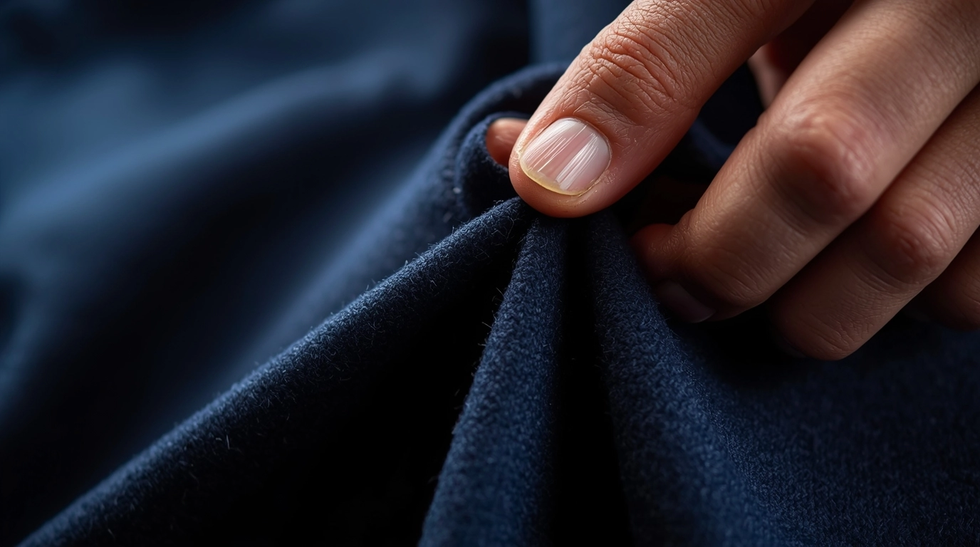 特寫鏡頭,展示一隻手拉扯深藍色制服布料的樣子,呈現布料的回彈性與細緻紋理(混紡質感)。背景模糊處理。 高彈性混紡制服布料特寫,抗皺舒適