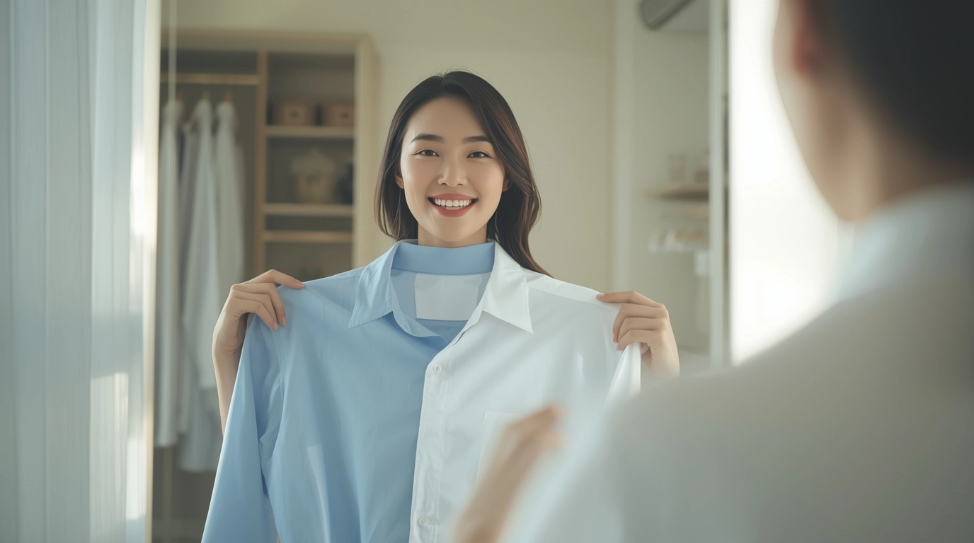 一位年輕自信的台灣職場女性，站在衣鏡前拿著兩件不同顏色的襯衫（一件淺藍、一件白色）進行比對，表情愉悅，背景為明亮現代的更衣間或臥室。