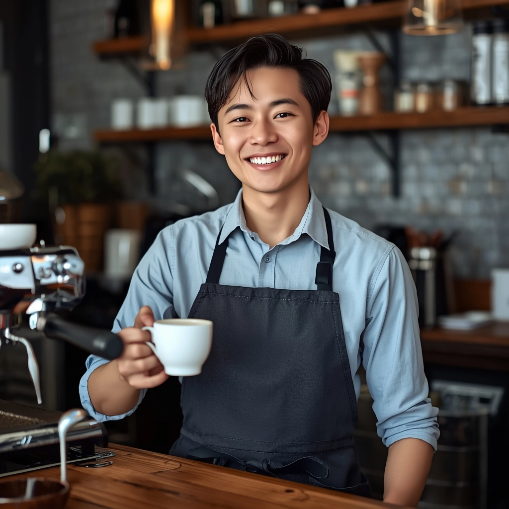 穿著合身防潑水圍裙的台灣年輕咖啡廳店員
