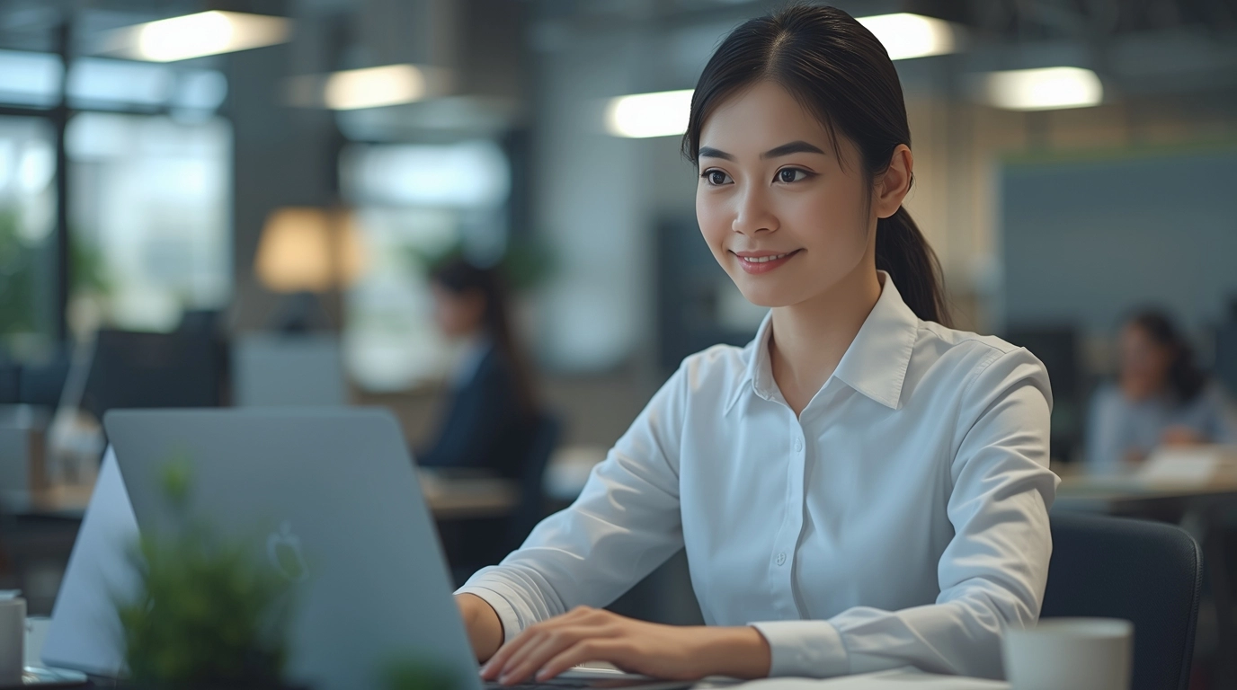 一位台灣職場女性穿著剪裁俐落的牛津布制服襯衫，坐在有冷氣的辦公桌前打電腦，神情專注且舒適，沒有披披掛掛的外套。	辦公室女性穿著剪裁合身的牛津布制服襯衫