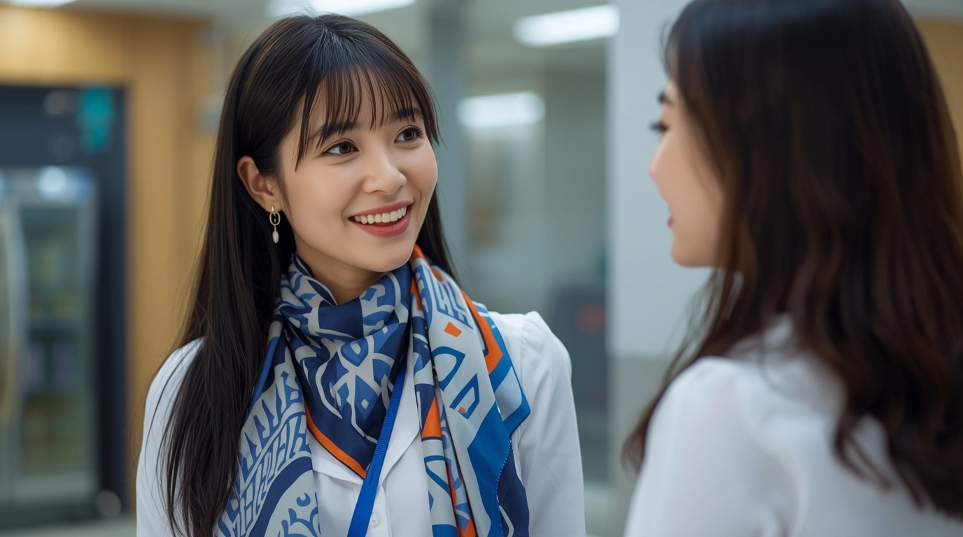 兩位女性上班族在茶水間聊天,一位戴著設計獨特、有幾何圖案的絲巾,另一位穿著普通白襯衫。戴絲巾的那位看起來更有精神與專業感。 獨特設計絲巾與普通制服的對比