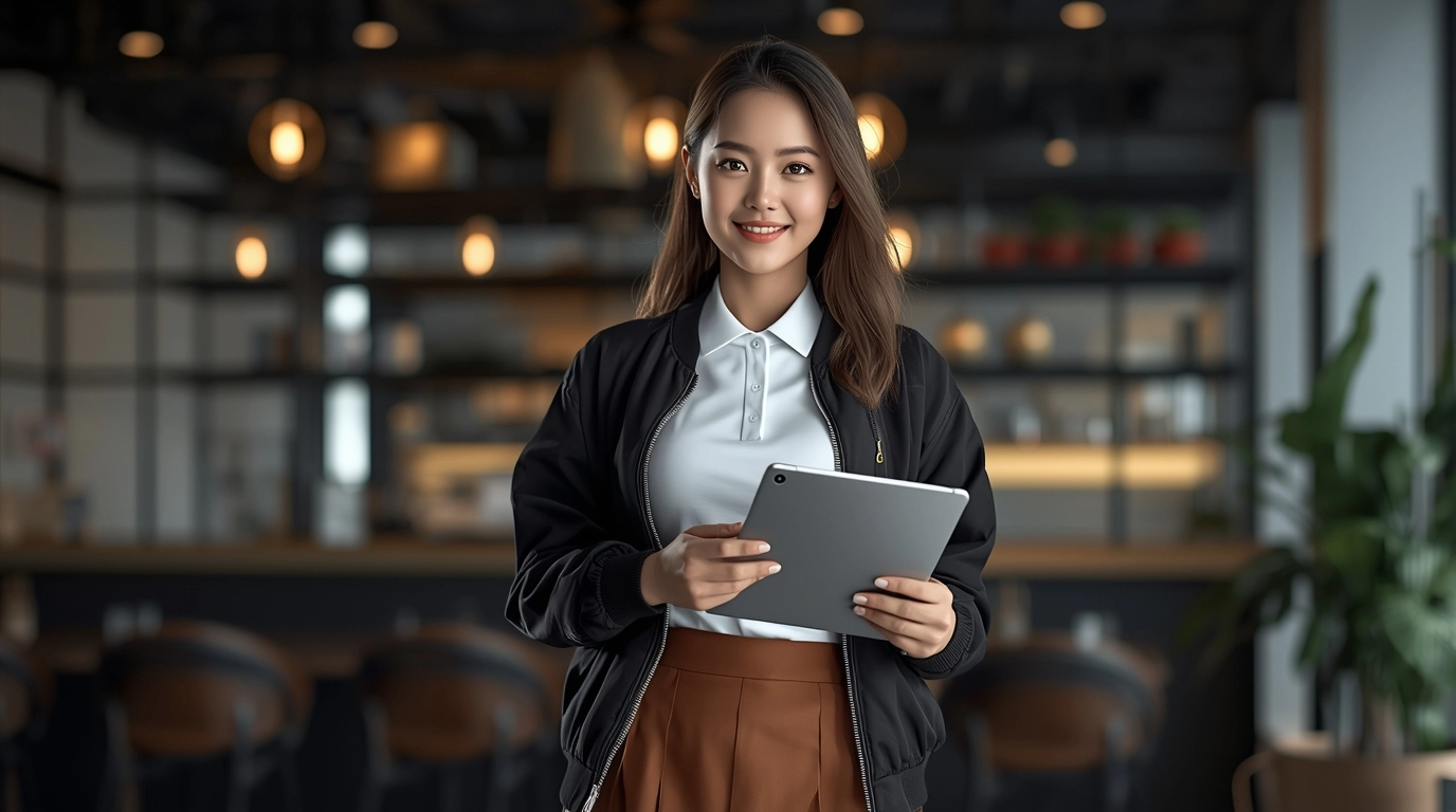 展示機能布料的彈性與舒適度 一位穿著制服的女性輕鬆地做出伸展動作或拿取高處物品,顯示衣物的彈性與無拘束感,布料呈現出透氣輕盈的質感。
