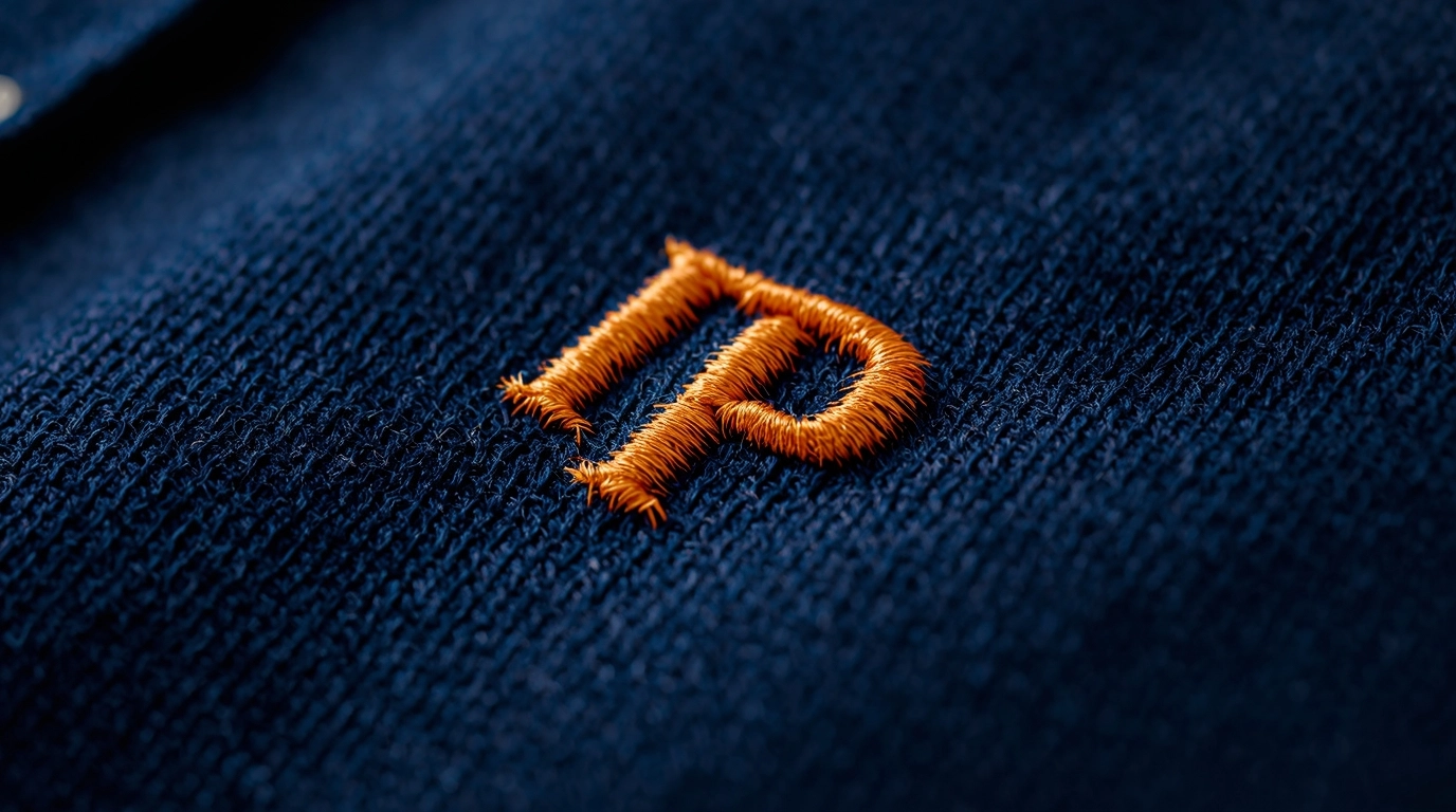 特寫鏡頭，展示一件素面 Polo 衫上的精緻刺繡 Logo 細節，旁邊放著各種顏色的繡線，強調加工細節帶來的質感提升。