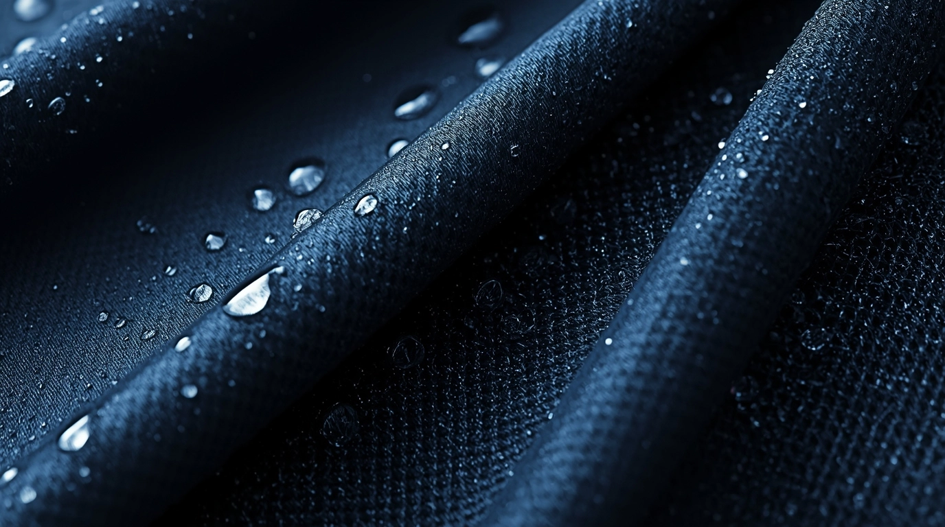 展示外套內裡的網眼透氣材質與外層防潑水布料的質感對比。水珠在外層滑落,內層乾爽。 高透氣防潑水制服外套布料細節特寫