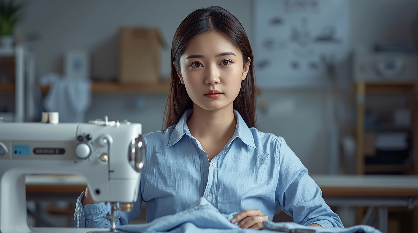台灣女性思考如何修補破損衣物	一位穿著時尚的年輕台灣女性，手拿著一件有小破洞的襯衫，桌上放著針線盒與剪刀，表情充滿創意與思考，背景是明亮的工作室。
