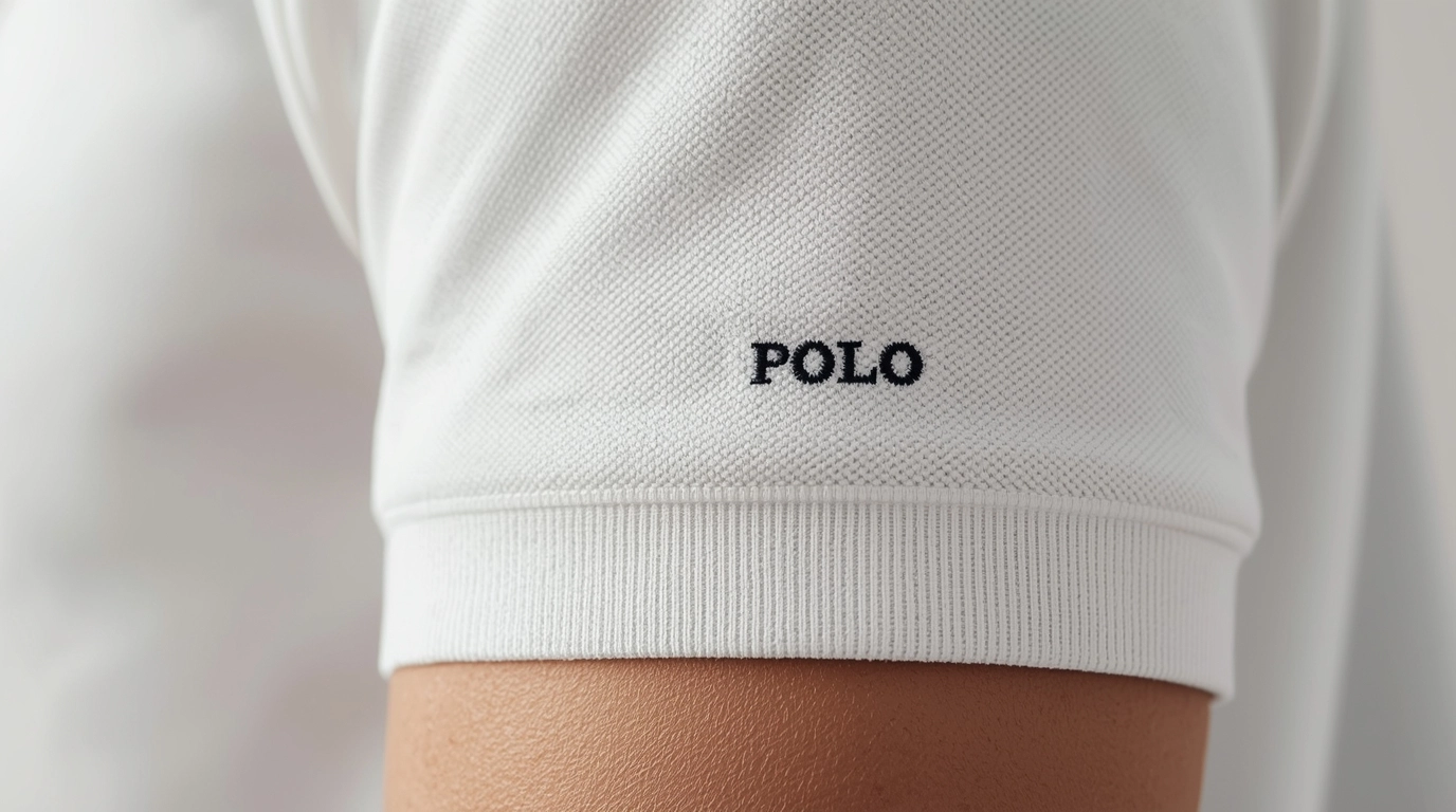 特寫鏡頭：聚焦在衣服細節，展示「隱形 Logo」的設計，例如袖口上的精緻小刺繡，或是領口處的品牌色滾邊。背景模糊，質感高級。	低調有質感的品牌制服Logo設計細節