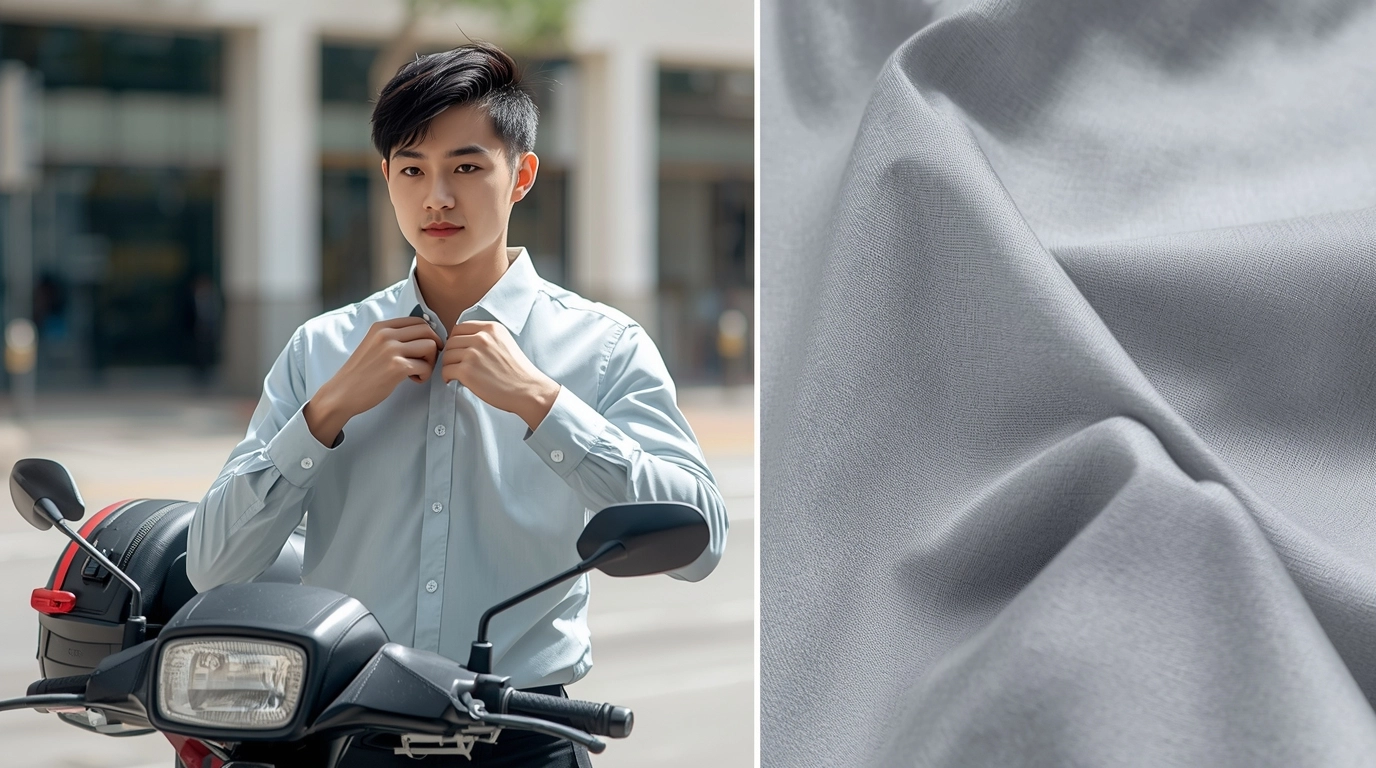 業務員騎車後整理抗皺制服的自信瞬間