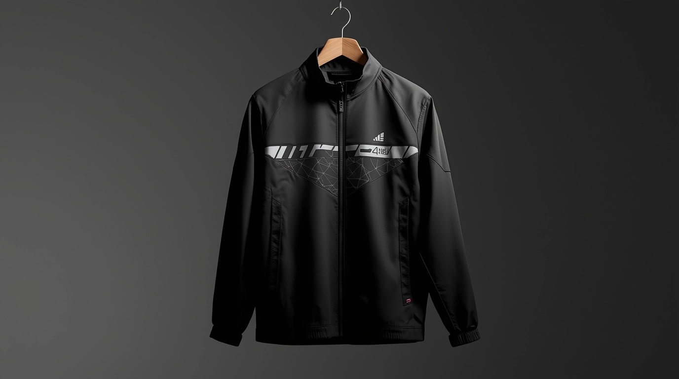 展示一件掛在衣架上的「非傳統」反光外套，設計時尚簡約（例如黑色衝鋒衣），利用閃光燈拍攝效果展示隱藏的反光圖騰或線條。	設計時尚的黑色反光制服外套展示