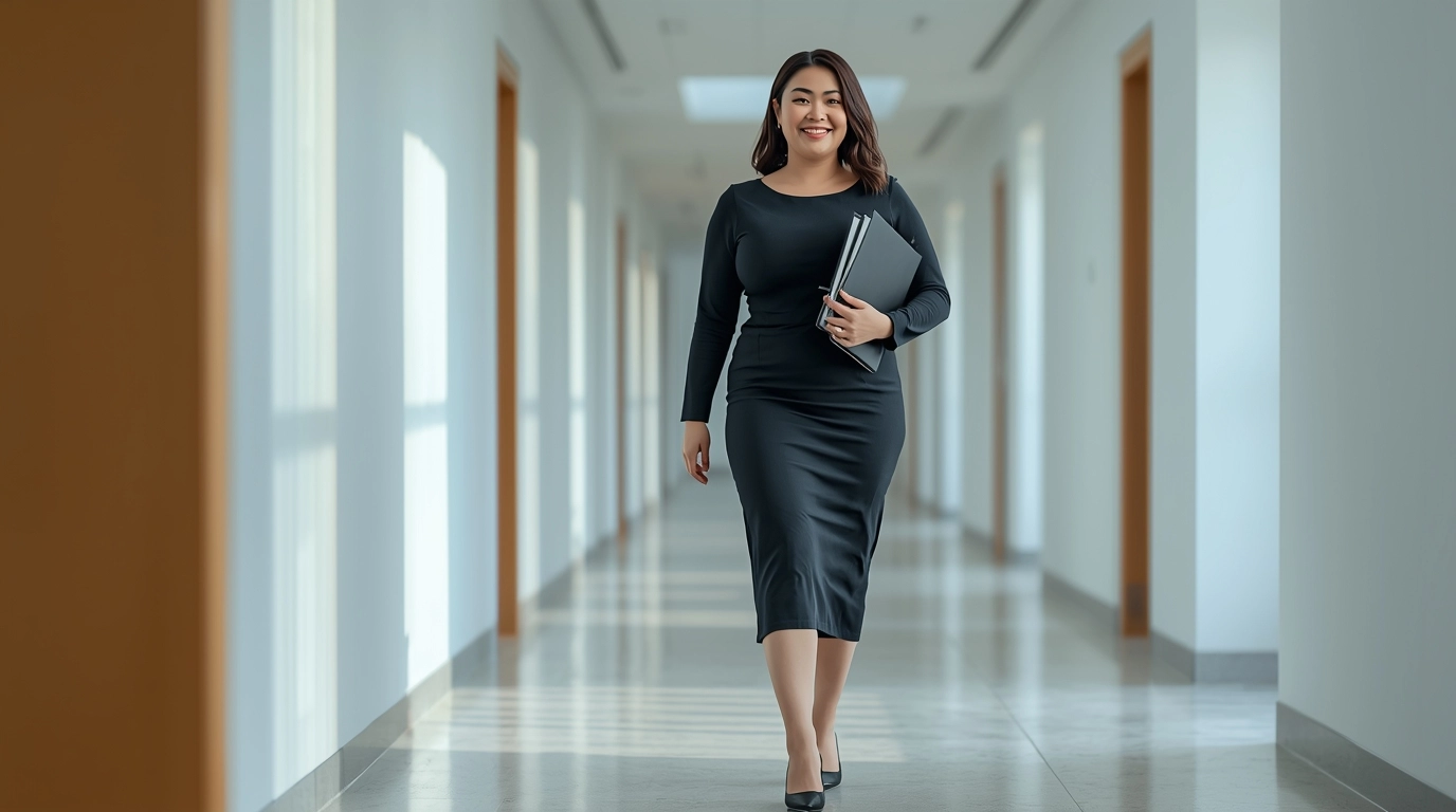 一位身形微胖的台灣女性上班族(梨形身材),穿著修身 A 字裙洋裝,手拿文件夾快步走在辦公室走廊。裙擺自然擺動,看不出臀部線條,自信滿滿。 梨形身材穿著A字裙制服修飾效果展示