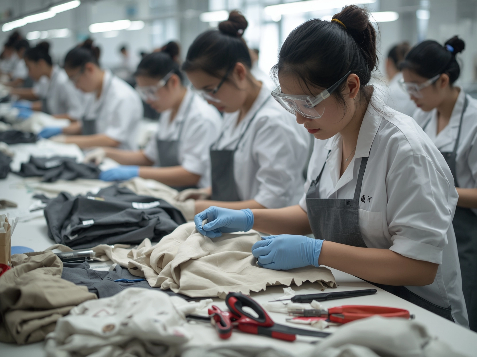 棉滌混紡布料,亞洲工作人員在對紡織品做耐久性測試,專業制服布料