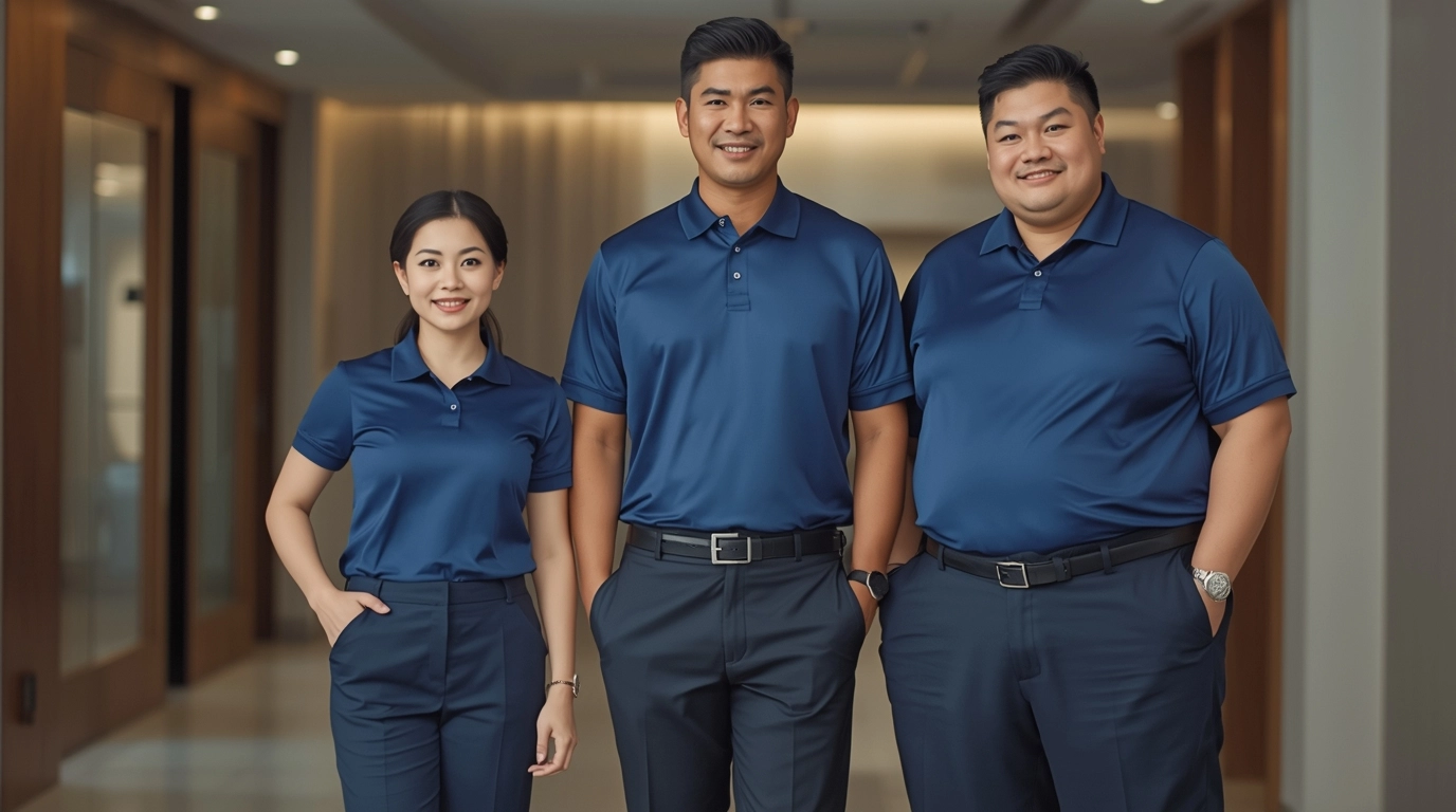 展示三位不同體型的台灣員工（一位嬌小女性、一位高瘦男性、一位壯碩男性）穿著同一系列制服並排站立，每個人都穿得很合身好看。	AI 模擬不同體型台灣員工穿著制服的合身效果