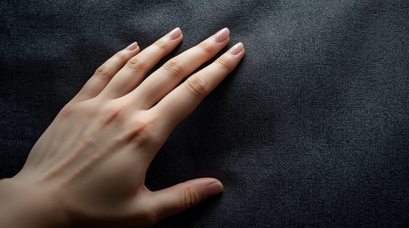 檢視布料纖維與質感 特寫鏡頭:一位女性的手正在觸摸並檢視一塊灰色的 TR 西裝布料,展示其細緻的編織紋理與柔順的觸感。