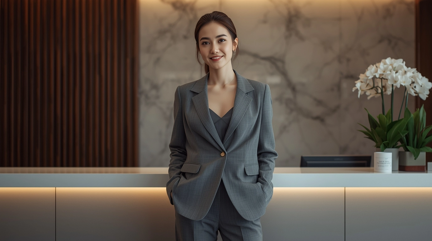 穿著軟正裝制服的醫美診所接待人員