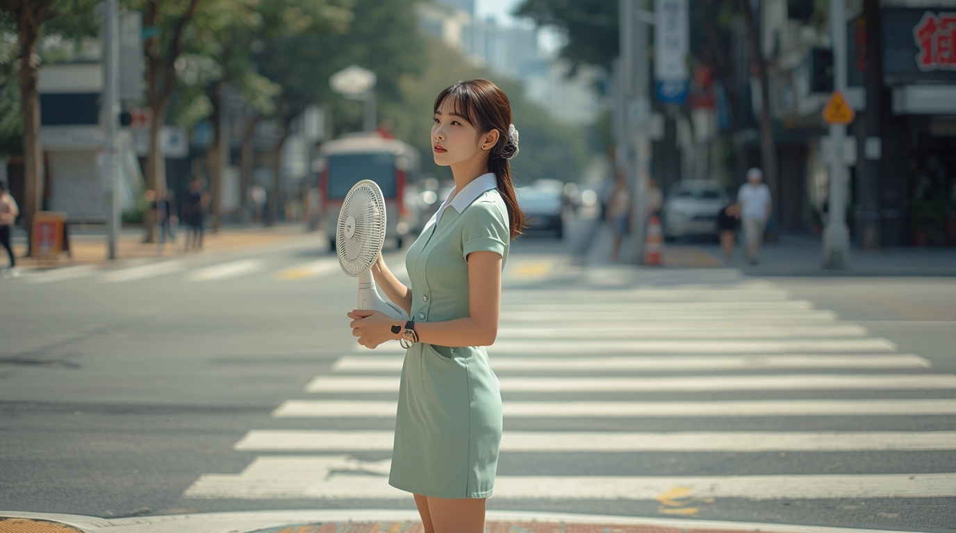 戶外街景特寫，呈現夏日炎熱感。一位穿著透氣淺色洋裝的女性上班族，拿著手持小電扇，看起來依然清爽；對比背景中模糊的穿深色路人看起來很悶熱。	台灣夏日穿著淺色透氣洋裝的上班族