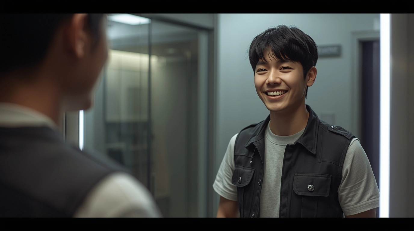 年輕員工穿著帥氣機能制服自信照鏡子