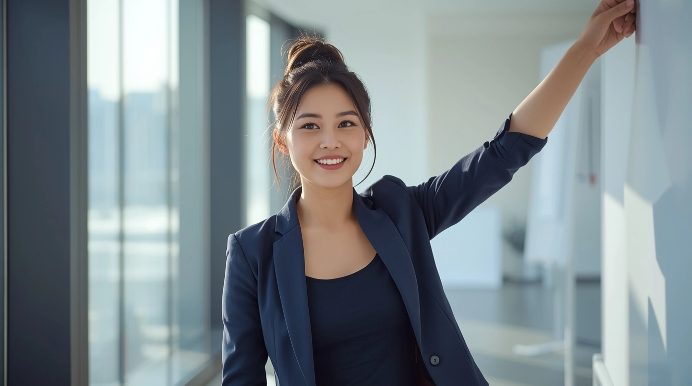 一位女性上班族在明亮的台灣辦公室內,穿著七分袖西裝外套,自信地舉手指向白板或是拿取高處文件,袖口寬鬆適中,腋下無緊繃感。 穿著七分袖制服的台灣女性上班族,手臂線條修飾顯瘦