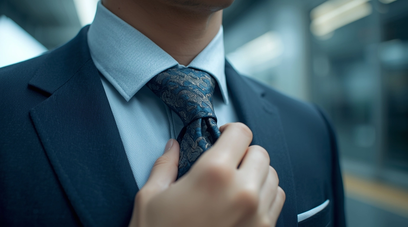 近距離特寫:一位台灣男性業務正在整理領帶。重點聚焦在領帶的「織紋質感」,能清楚看到布料細膩的紋理,而非廉價的反光。背景是模糊的捷運站或辦公大樓玻璃帷幕。 高質感提花織紋領帶特寫