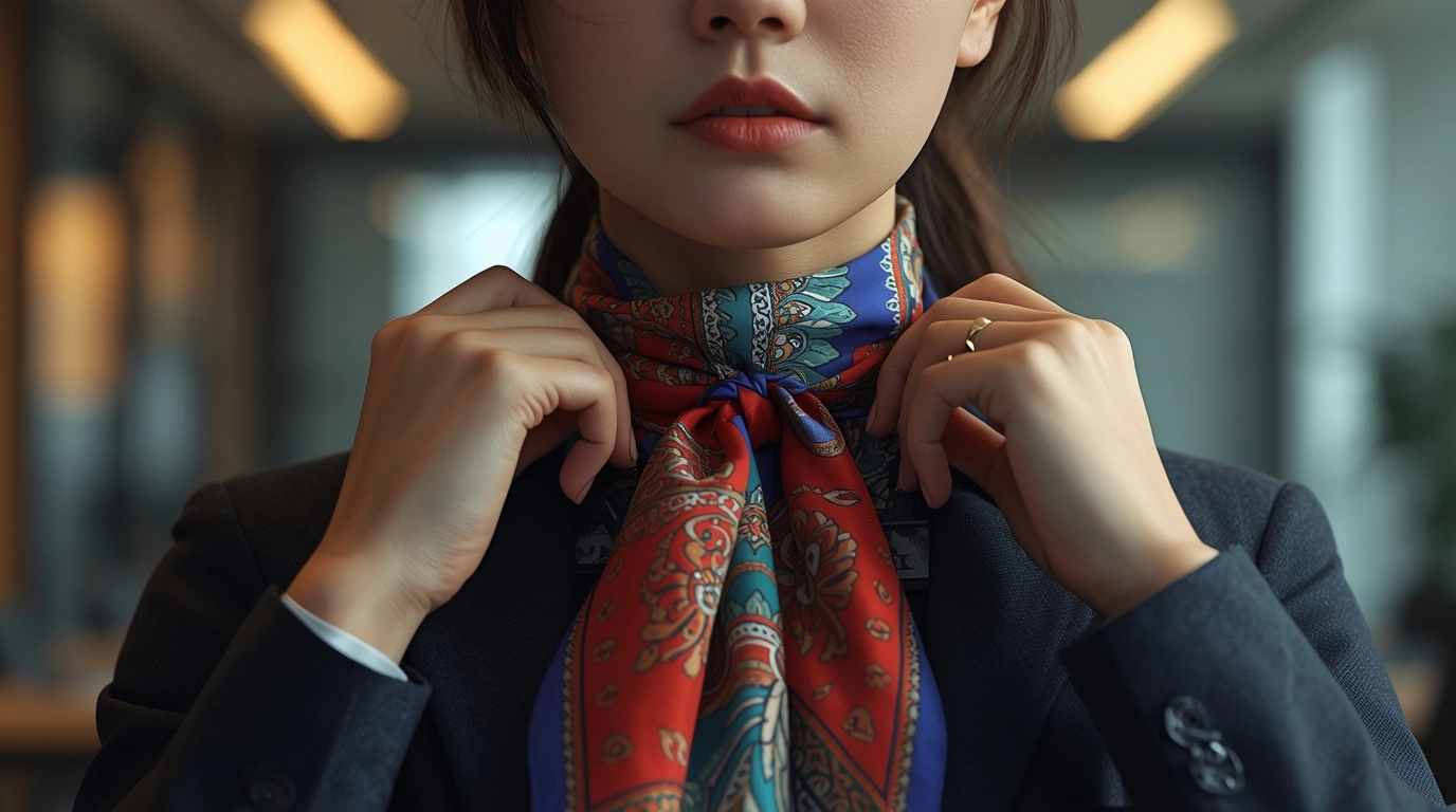 台灣女性調整商務制服絲巾特寫