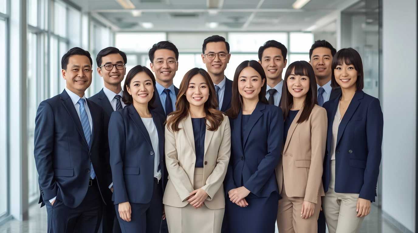 台灣企業團隊成員穿著源洋制服設計的辦公室套裝制服,在明亮現代的辦公環境中展現專業與團隊凝聚力。