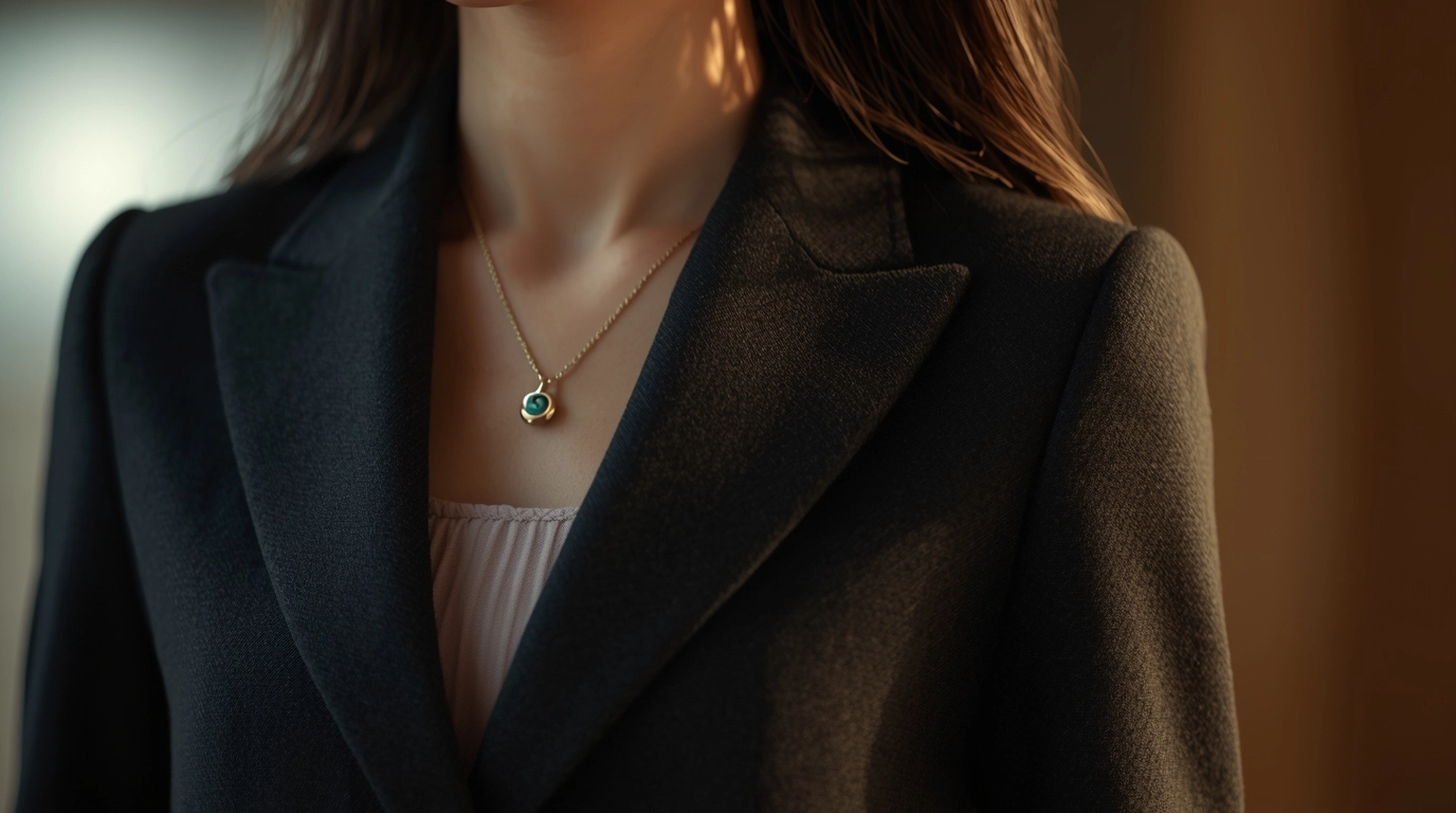 高質感羊毛大衣特寫/穿著深色羊毛西裝外套的女性,特寫展現布料的細膩紋理與光澤,呈現溫暖且高級的氛圍。