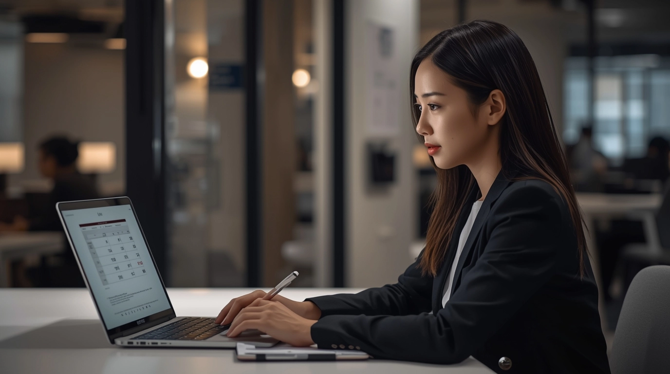 對照網購尺寸表/女性坐在辦公桌前,看著筆記型電腦螢幕上的尺寸對照表,一手拿著筆記本記錄數據,神情專注。