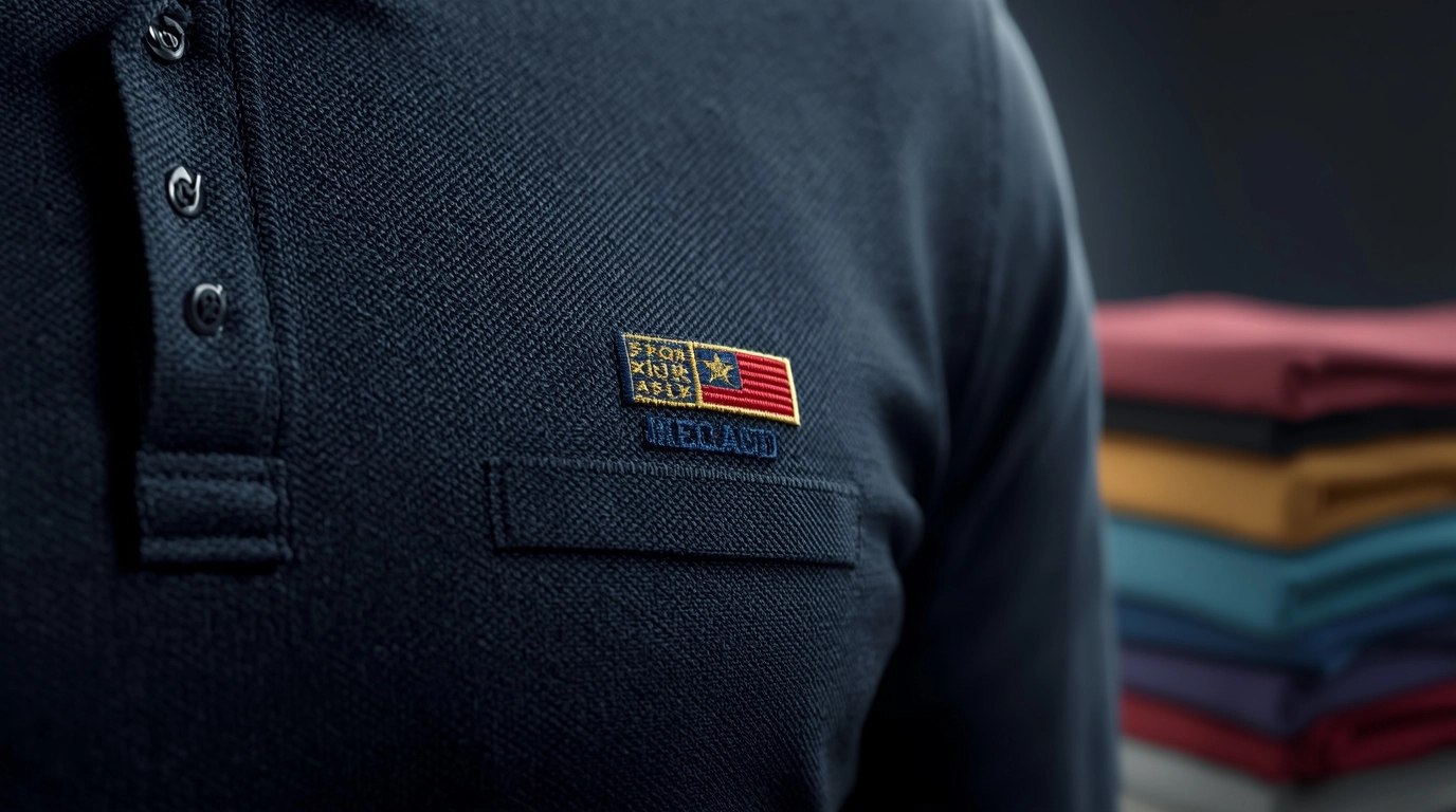 分割畫面或對比感。左邊是一件精緻的刺繡 Logo 特寫，右邊是整齊疊放的現貨制服。展現細節與速度的取捨。	精緻刺繡制服Logo特寫與整齊疊放的制服