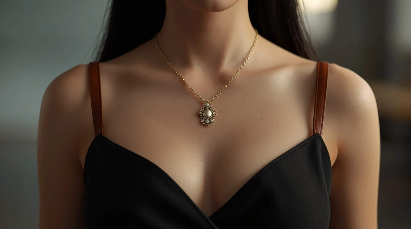 黑色洋裝搭配細腰帶與金色胸針的細節照