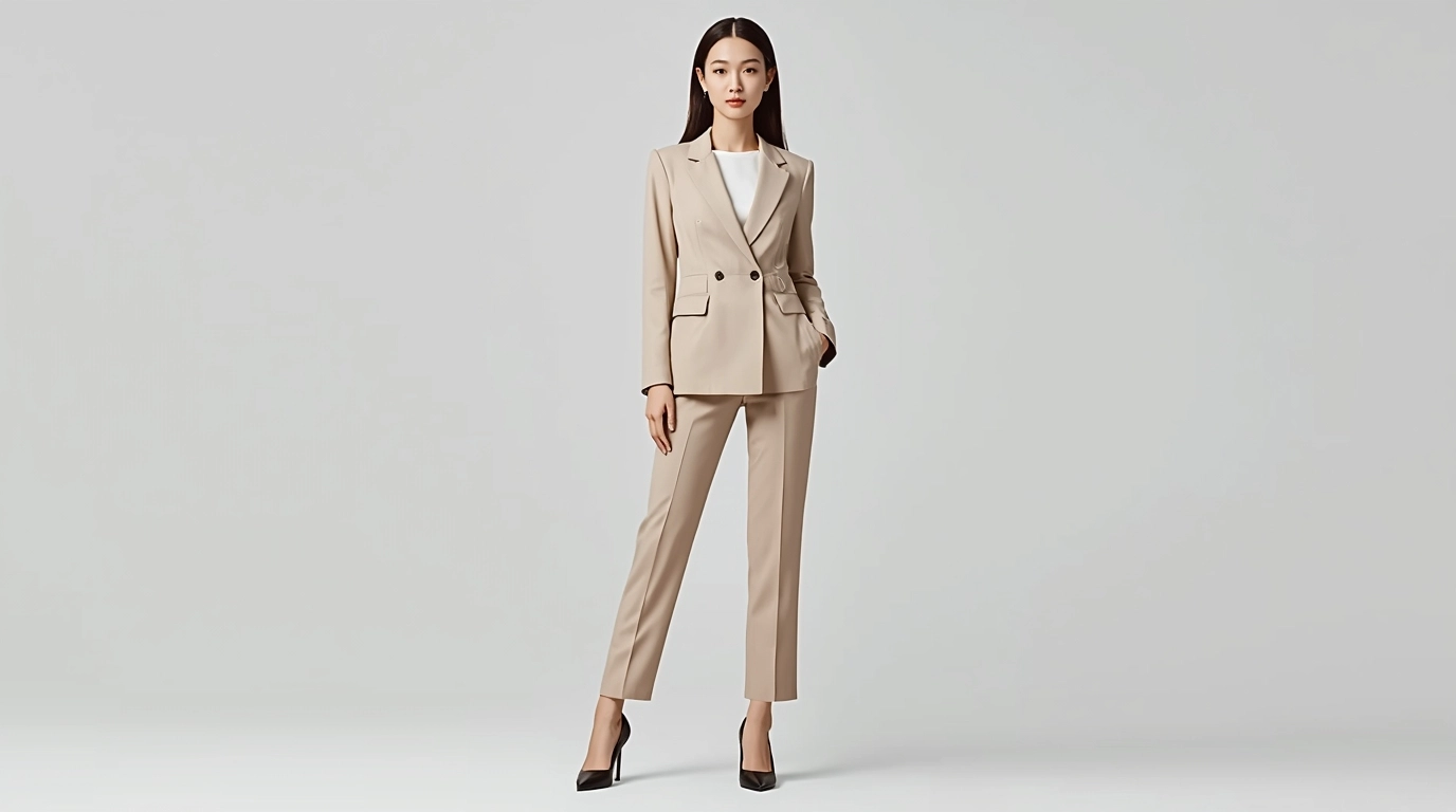 亞洲女性穿著韓系西裝全身照 展示一位台灣女性穿著韓系剪裁西裝的全身照,強調高腰線與修長的腿部比例。