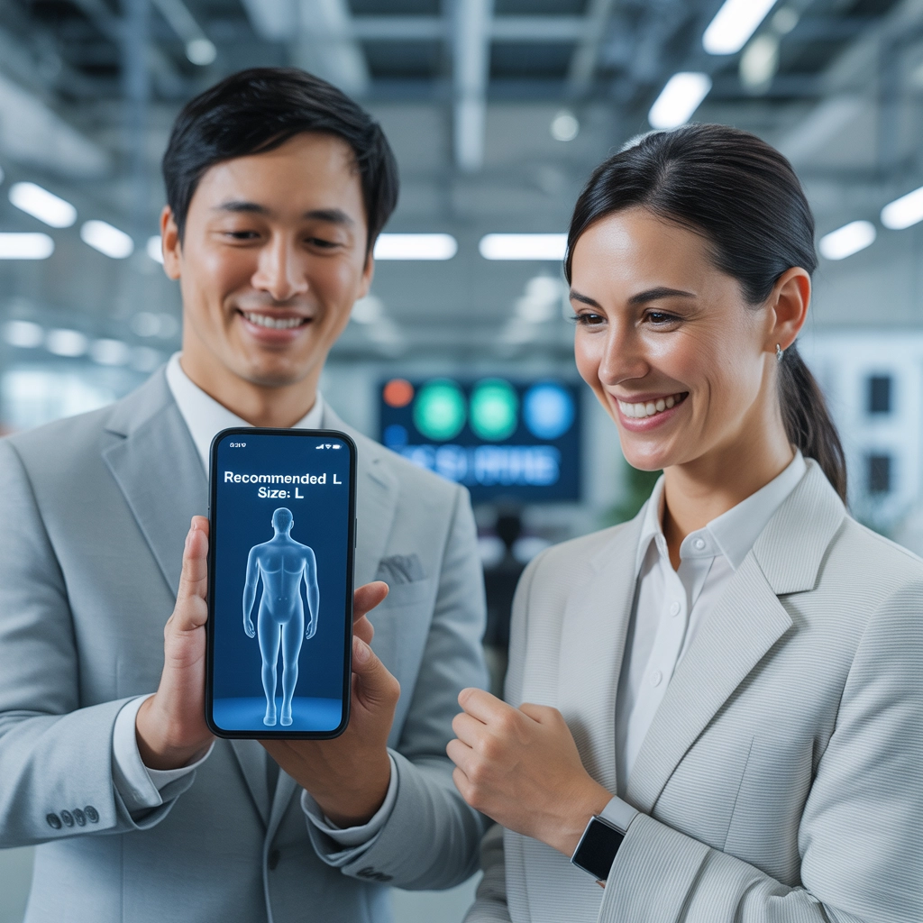 企業員工使用AI試衣間手機測量制服尺寸，人資輕鬆完成套量