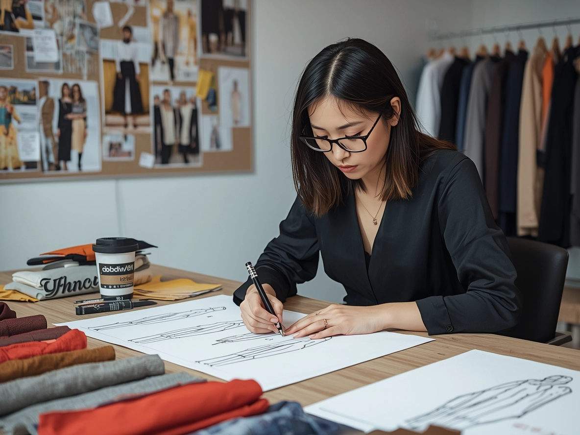 亞洲時裝設計師為企業團隊繪製制服草圖、布料樣品、情緒板、職場風格、眼睛專注在工作上