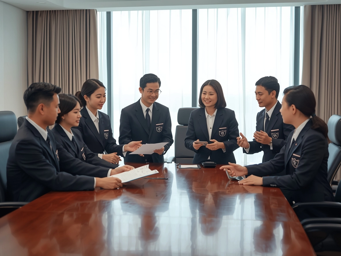 商務會議、統一制服的亞洲員工、顧客互動、專業氛圍